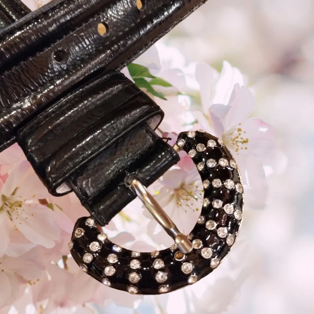 Betsy Johnson Black Patent Leather Belt With Rhinestone Buckle Size M